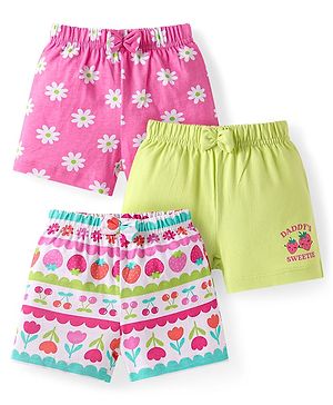 Babyhug Single Jersey Knit Mid Thigh Shorts Floral Print Pack of 3 - Pink Lime Green & White