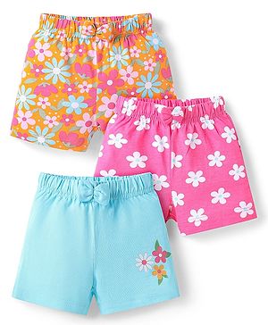 Babyhug Single Jersey Knit Mid Thigh Shorts with Floral Print & Bow Applique Pack Of 3 - Pink Orange & Light Blue