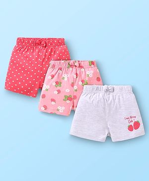 Babyhug Cotton Knit Mid Thigh Shorts with Floral & Polka Dot Print & Bow Applique Pack of 3 - Pink & Grey