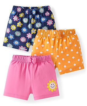 Babyhug Single Jersey Knit Mid Thigh Shorts with Polka Dot Floral Print & Bow Applique Pack of 3 - Pink Navy & Orange