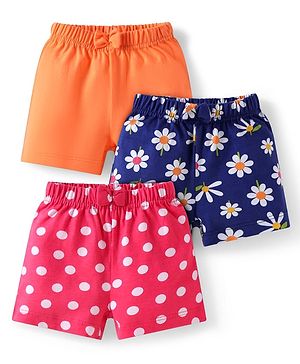 Babyhug Cotton Knit Mid Thigh Polka Dots & Floral Printed Shorts with Bow Applique Pack of 3 - Navy Blue Pink & Orange
