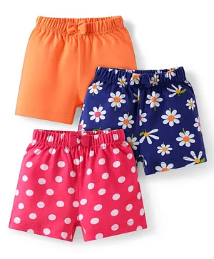 Babyhug Cotton Knit Mid Thigh Polka
                              Dots & Floral Printed Shorts with Bow
                              Applique Pack of 3 - Navy Blue Pink &
                              Orange