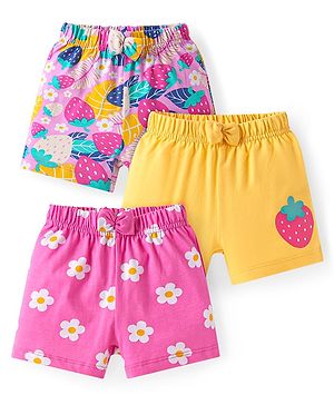 Babyhug Cotton Knit Mid Thigh Strawberry & Floral Printed Shorts with Bow Applique Pack of 3 - Pink & Yellow