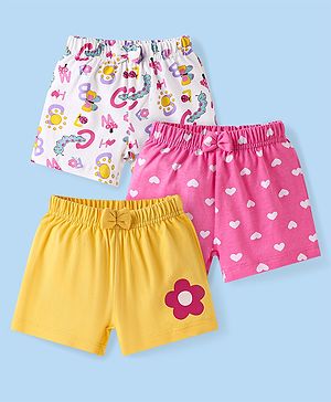 Babyhug Single Jersey Knit Mid Thigh Shorts Floral & Hearts Print Pack of 3 - Pink Yellow & White