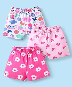Babyhug Cotton Knit Mid Thigh Length Shorts with Tropical Theme Print & Bow Applique Pack of 3 - Pink & White