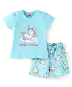 Babyhug Cotton Knit Half Sleeves Shorts Night Suit with Unicorn Print - Light Blue