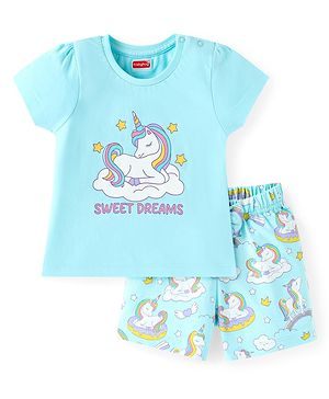 Babyhug Cotton Knit Half Sleeves Shorts Night Suit with Unicorn Print - Light Blue