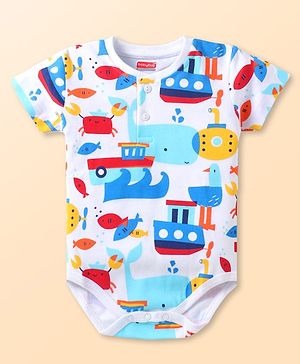 Babyhug 100% Cotton Knit Half Sleeves Onesie with Nautical Theme Print - White
