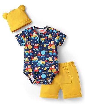 Babyhug 100% Cotton Knit Half Sleeves Vehicle Printed Onesie With Shorts & Cap - Navy Blue & Yellow