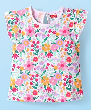 Babyhug Cotton Knit Frill Sleeves Top with Floral Print - White