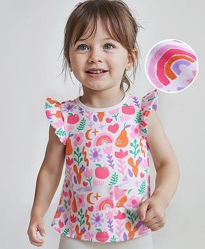 Babyhug Cotton Knit Frill Sleeves Top with Tropical Theme Print - White