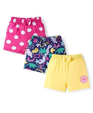 Babyhug Cotton Single Jersey Knit Mid Thigh Shorts With Floral & Polka Dot Print Pack of 3 - Pink Navy & Yellow
