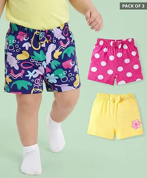 Babyhug Cotton Single Jersey Knit Mid
                              Thigh Shorts With Floral & Polka Dot
                              Print Pack of 3 - Pink Navy & Yellow