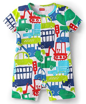 Babyhug 100% Cotton Knit Half Sleeves Romper with Vehicle  Print - White & Green