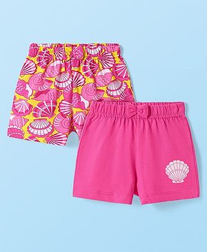 Babyhug Cotton Knit Mid Thigh Shell Printed Shorts with Bow Applique Pack of 2 - Dark Pink