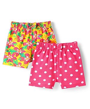 Babyhug Cotton Knit Mid Thigh Length Polka Dots & Floral Printed Shorts with Bow Applique Pack of 2 - Dark Pink & Yellow