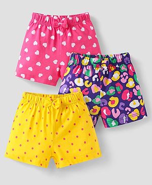 Babyhug Single Jersey Knit Mid Thigh Bow Applique Shorts with Polka Dots & Hearts Print Pack of 3 - Pink Yellow & Purple