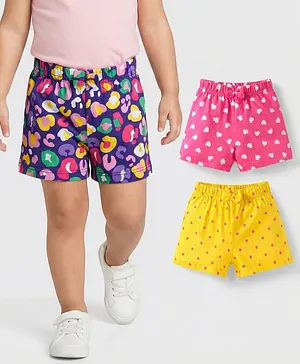 Babyhug Single Jersey Knit Mid Thigh
                              Bow Applique Shorts with Polka Dots &
                              Hearts Print Pack of 3 - Pink Yellow &
                              Purple