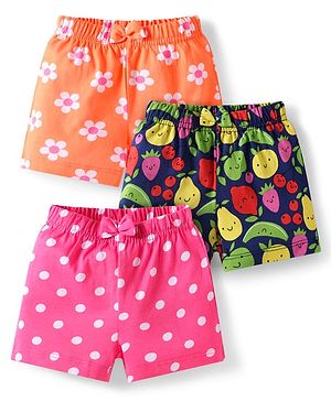 Babyhug Single Jersey Knit Mid Thigh Bow Applique Shorts with Polka Dots & Floral Print Pack of 3 - Dark Pink Navy Blue & Orange