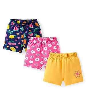 Babyhug Cotton Single Jersey Knit Mid Thigh Tropical Theme Printed Shorts with Bow Applique Pack of 3 - Pink Yellow & Navy Blue