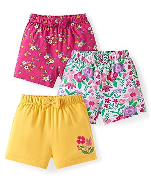 Babyhug Single Jersey Knit Mid Thigh Shorts Floral Print Pack of 3 - Dark Pink Yellow & White