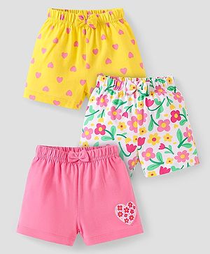 Babyhug Single Jersey Knit Mid Thigh Shorts with Polka Dot Floral Print & Bow Applique Pack of 3 - Pink & White