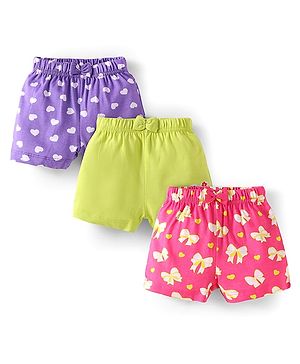Babyhug Single Jersey Knit Mid Thigh Bow Applique Shorts with Heats & Bow Print Pack of 3 - Purple Neon Green & Dark Pink