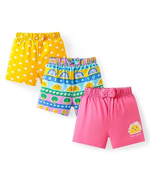 Babyhug Cotton Single Jersey Knit Mid Thigh Polka Dots & Tropical Theme Printed Shorts with Bow Applique Pack of 3 - Pink Yellow & Blue