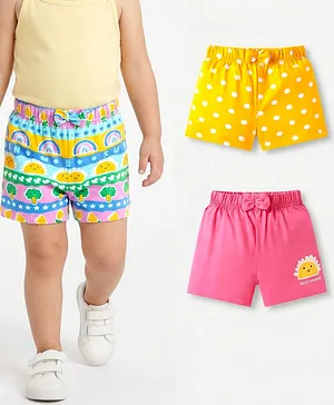 Babyhug Cotton Single Jersey Knit Mid
                              Thigh Polka Dots & Tropical Theme
                              Printed Shorts with Bow Applique Pack of 3
                              - Pink Yellow & Blue