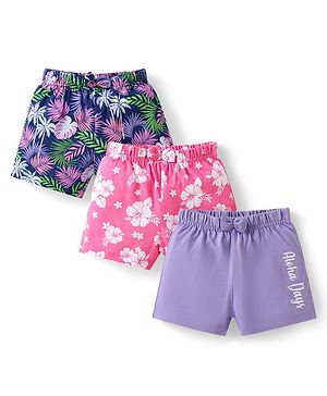 Babyhug Cotton Knit Mid Thigh Length Shorts with Tropical Theme Print & Bow Applique Pack of 3 - Pink Navy Blue & Lilac