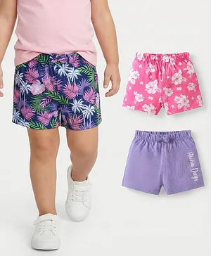Babyhug Cotton Knit Mid Thigh Length
                              Shorts with Tropical Theme Print & Bow
                              Applique Pack of 3 - Pink Navy Blue &
                              Lilac