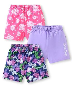 Babyhug Cotton Single Jersey Knit Mid Thigh Shorts Floral & Leafy Print Pack of 2 - Pink Navy & Purple
