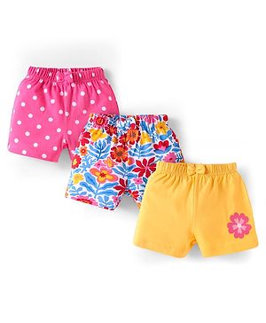 Babyhug Cotton Knit Mid Thigh Shorts with Floral & Polka Dot Print & Bow Applique Pack of 3 - Pink & Yellow