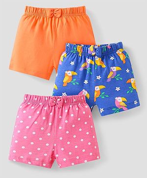 Babyhug Cotton Knit Mid Thigh Polka Dots & Birds Printed Shorts with Bow Applique Pack of 3 - Blue Pink & Orange