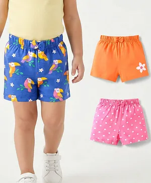 Babyhug Cotton Knit Mid Thigh Polka
                              Dots & Birds Printed Shorts with Bow
                              Applique Pack of 3 - Blue Pink &
                              Orange