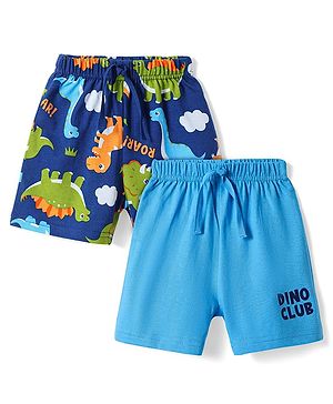 Babyhug Single Jersey Knit Mid Thigh Shorts with Dino Print Pack of 2 - Blue