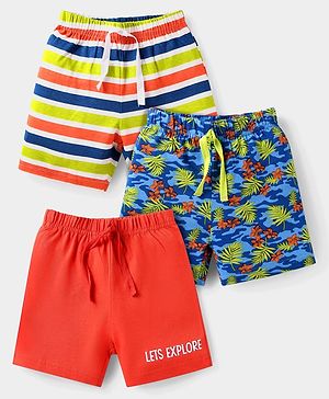 Babyhug Cotton Knit Mid Thigh Length Shorts with Tropical Theme Print & Stripes Pack of 3 - Red Blue & Light Green
