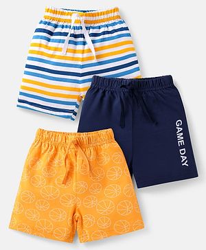 Babyhug Cotton Knit Mid Thigh Length Shorts with Sports Theme Print & Stripes Pack of 3 - Yellow & Navy Blue
