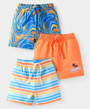 Babyhug Cotton Knit Mid Thigh Length Shorts with Beach Theme Print & Stripes Pack of 3 - Orange & Blue