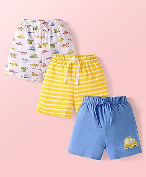 Babyhug Single Jersey Knit Mid Thigh Shorts with Stripes & Car Print Pack of 3 - Blue Yellow & White