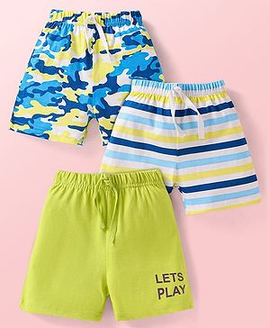 Babyhug Single Jersey Knit Mid Thigh Shorts with Stripes Camouflage & Text Print Pack of 3 - Blue White & Light Green