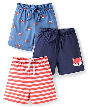 Babyhug Cotton Knit Mid Thigh Shorts with Fox Print & Stripes Pack of 3 - Red Light & Navy Blue