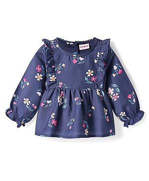 Babyhug Woven Full Sleeves Top With Floral Print & Frill Detailing - Navy Blue