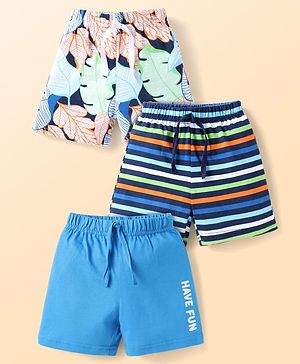 Babyhug Single Jersey Knit Shorts with Stripes & Tropical Print Pack of 3 - Black & Blue