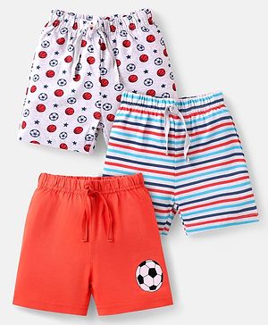 Babyhug Cotton Knit Mid Thigh Length Shorts with Stripes & Football Print Pack of 3 - White & Red