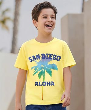 Pine Kids Cotton Knit Half Sleeves T-Shirt with Text Print - Yellow