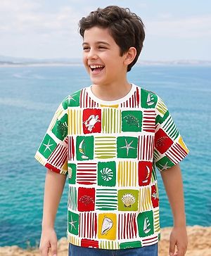 Pine Kids Cotton Knit Half Sleeves T-Shirt with Nautical Theme Print - Green