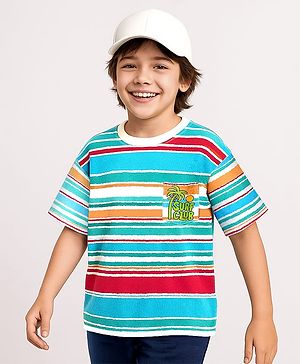 Pine Kids Cotton Knit Half Sleeves Striped T-Shirt with Beach Theme Print - Light Blue