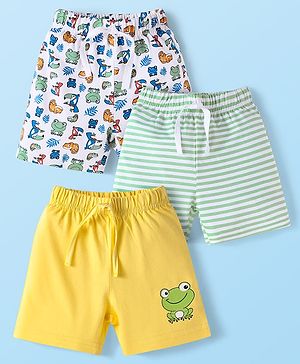 Babyhug Cotton Knit Mid Thigh Length Shorts with Stripes & Frog Print Pack of 3 - White & Yellow