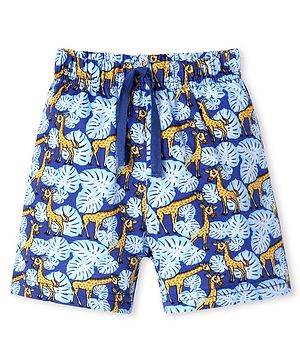 Babyhug Cotton Knit Mid Thigh Length Shorts with Giraffe Print - Blue